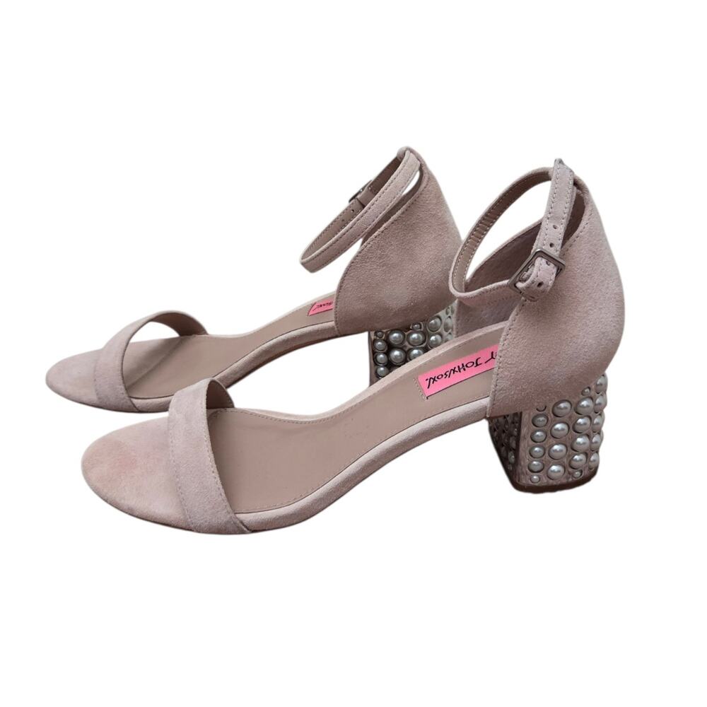 Betsey Johnson Nyla Suede Dusty Pink Pearl Heels Strappy Shoes, Women's 7.5 B